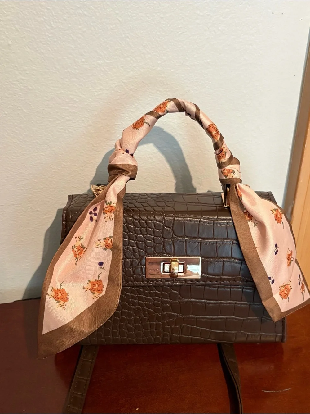 Coffee Brown Croc-Embossed Mini Top Handle Bag With Gold-Tone Clasp w/ Twilly